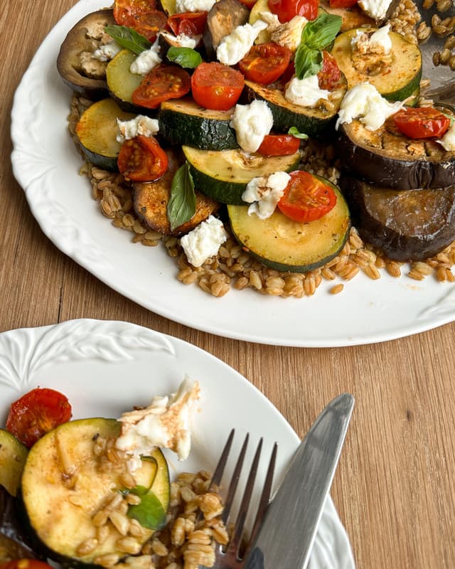 Roasted Aubergine, Zucchini & Tomato Grain Salad with Mozzarella