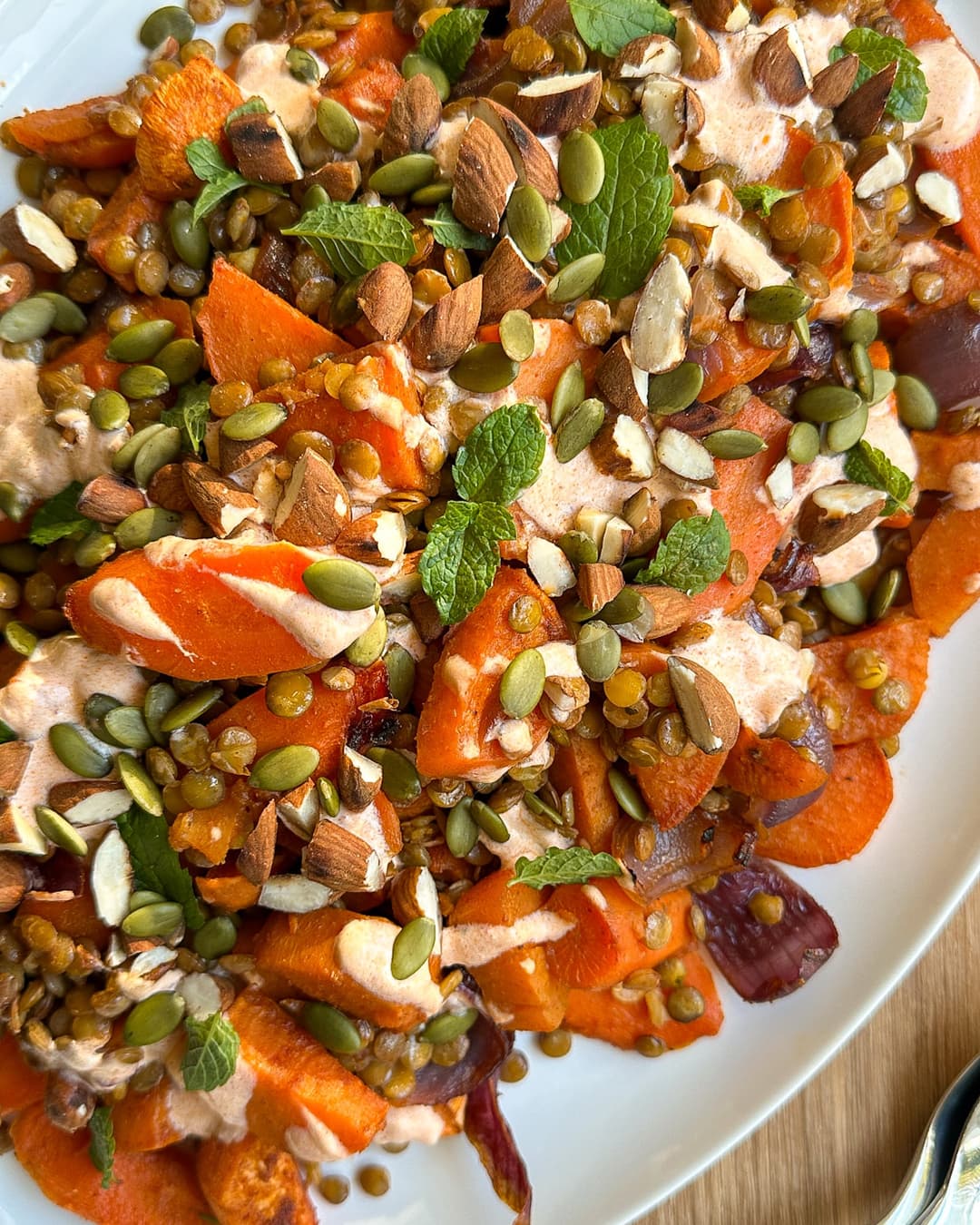 Carrot, Sweet Potato & Lentil Traybake with Harissa Yogurt - Image 2