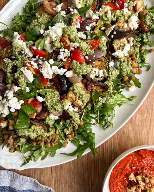 Warm Lentil & Aubergine Salad with Pesto