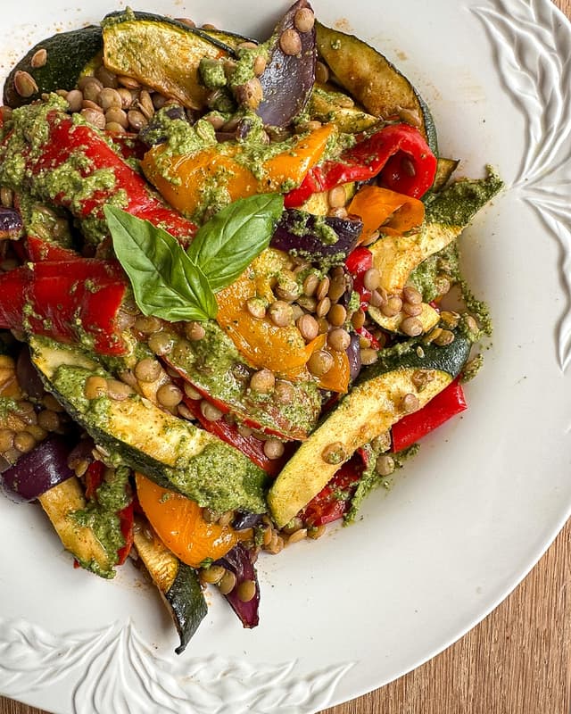 Roasted Vegetables with Lentils & Fresh Basil Pesto
