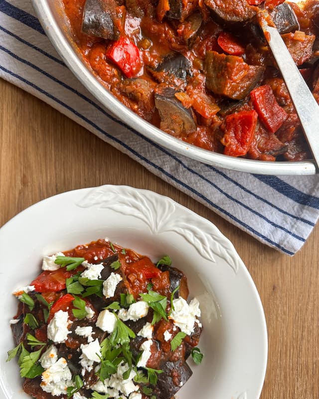 Greek-Inspired Aubergine Tomato Stew with Feta