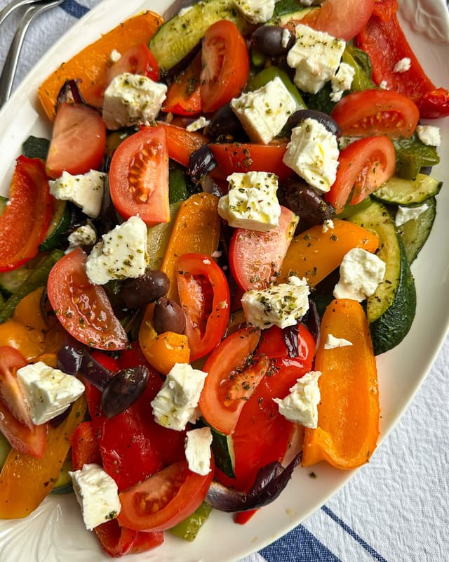 Greek Roasted Pepper & Zucchini Salad with Feta