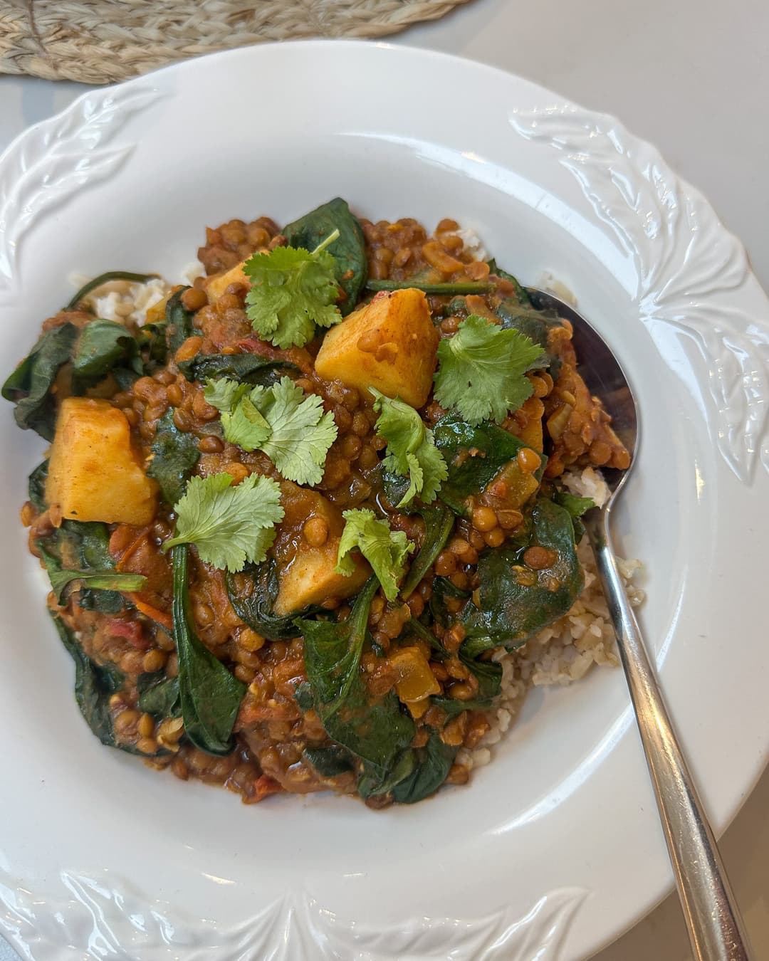 Creamy brown lentil and potato dahl with spinach - Image 1