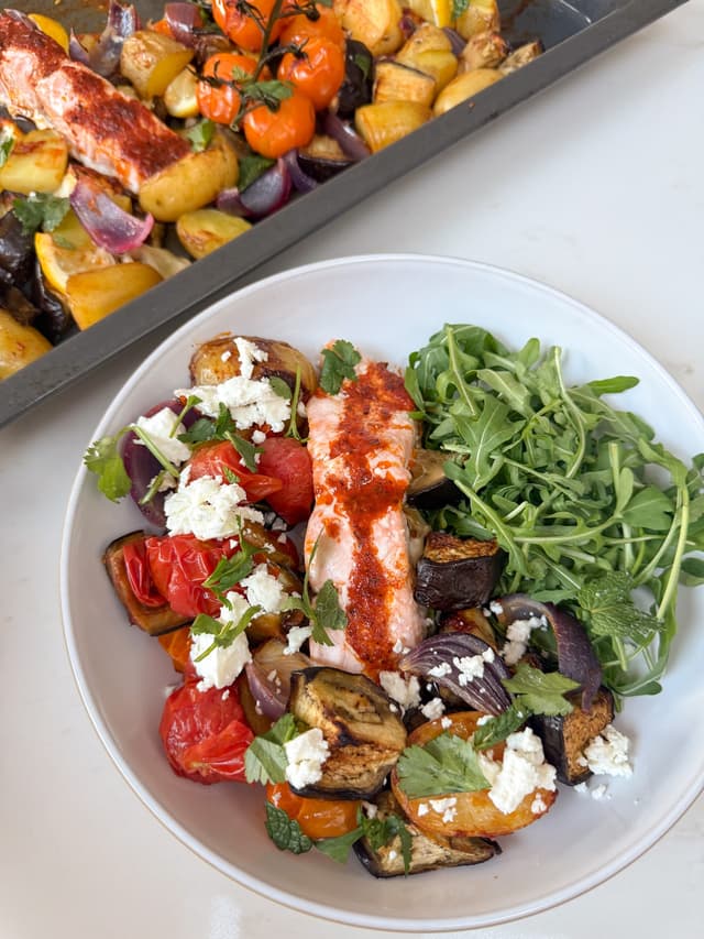 One-Pan Harissa Salmon with Roasted Vegetables