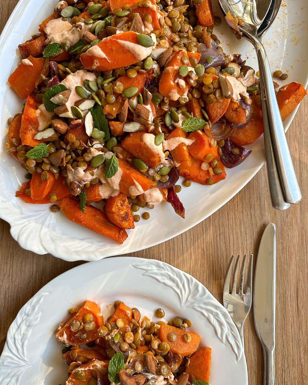 Carrot, Sweet Potato & Lentil Traybake with Harissa Yogurt - Image 1