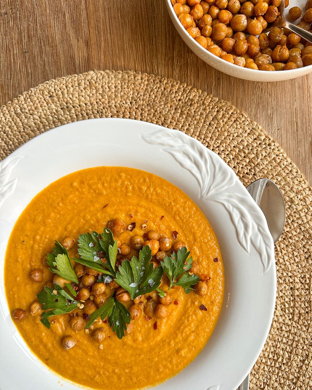 Roasted Cauliflower & Carrot Soup with Coconut and Crispy Chickpeas