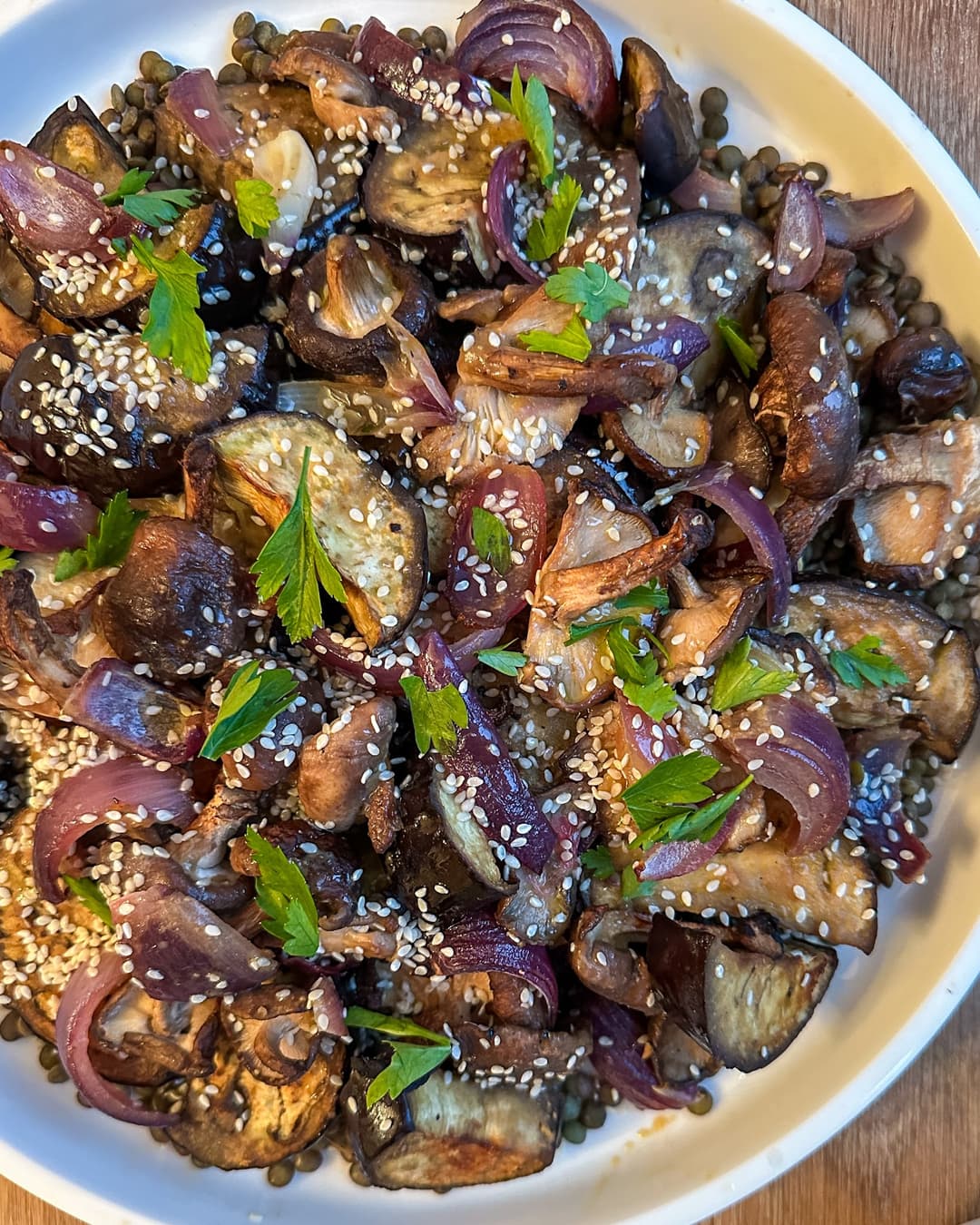 Warm Miso Mushroom & Aubergine Salad with Puy Lentils